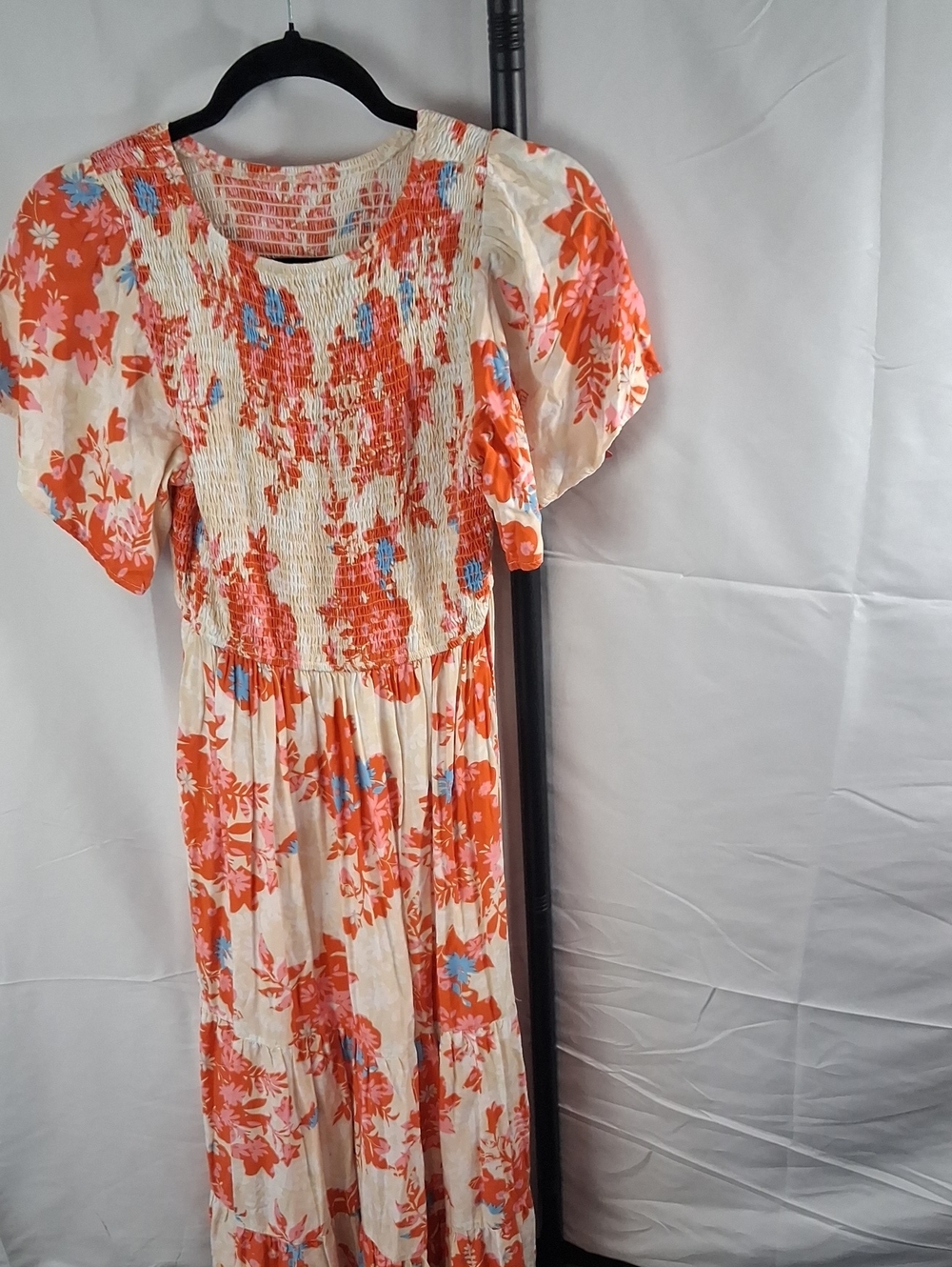 Floral Smocked Maxi Dress in Cream and Orange